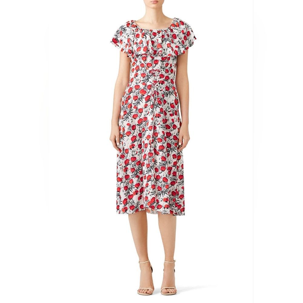 Delfi Collective‎ Floral Lake Midi Lace Up Red White Dress Size Small